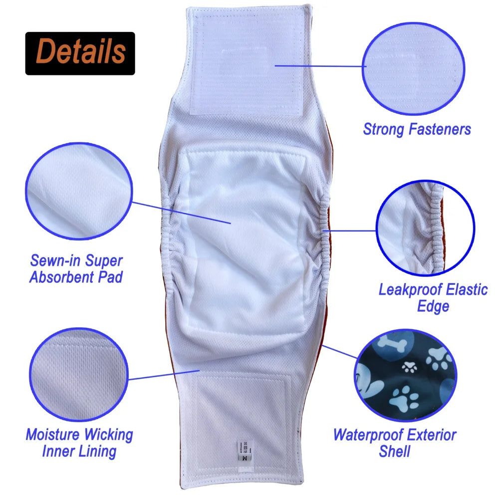 Washable Male Dog Diapers Set With Bone Print Reusable