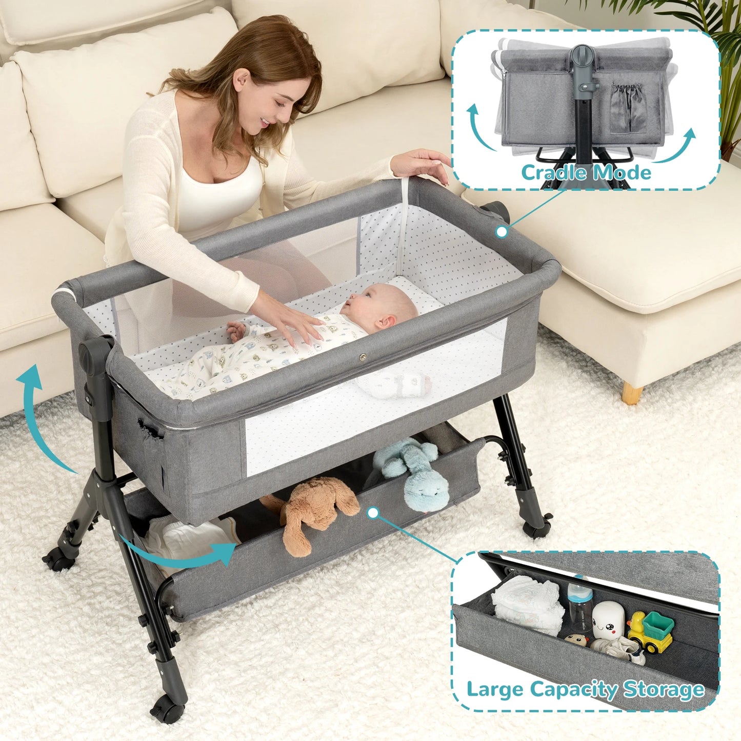 3 in 1 Baby Bassinet Bedside Sleeper Foldable Portable Cradle