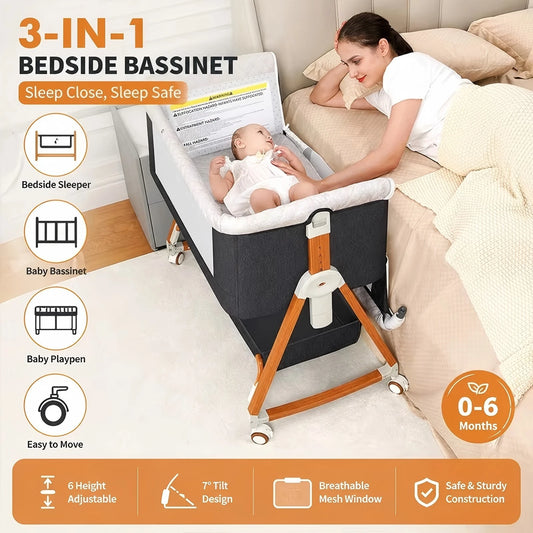 Baby Bassinet Bedside Crib 3 In 1 Foldable Rocking Wheels