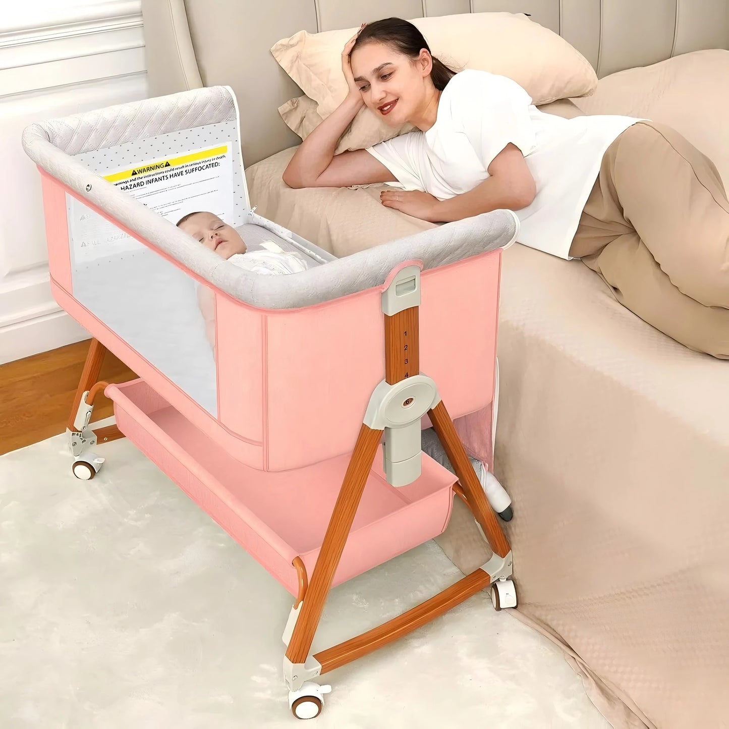 Baby Bassinet Bedside Crib 3 In 1 Foldable Rocking Wheels