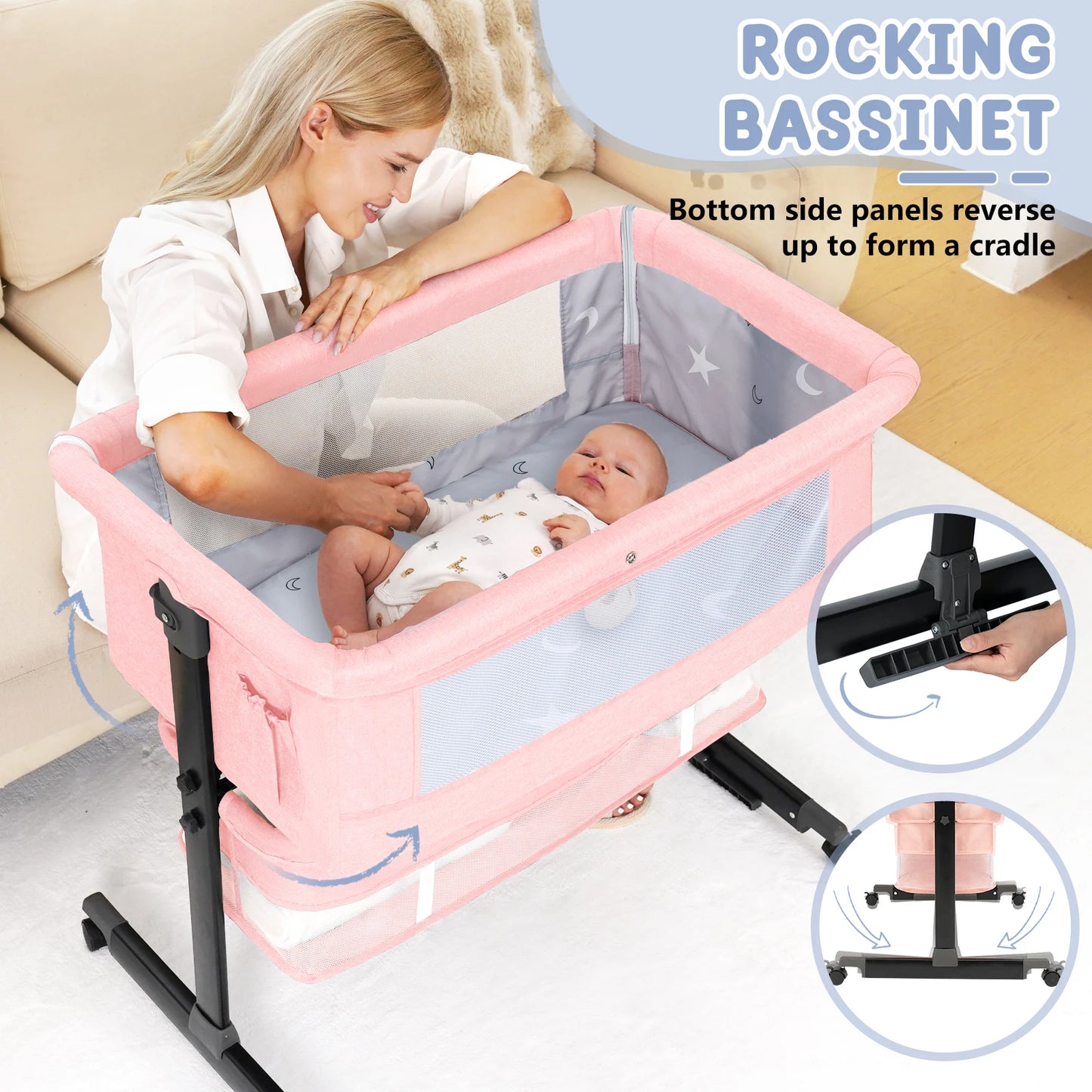 Foldable Portable Baby Bassinet Bedside Crib With Storage Basket