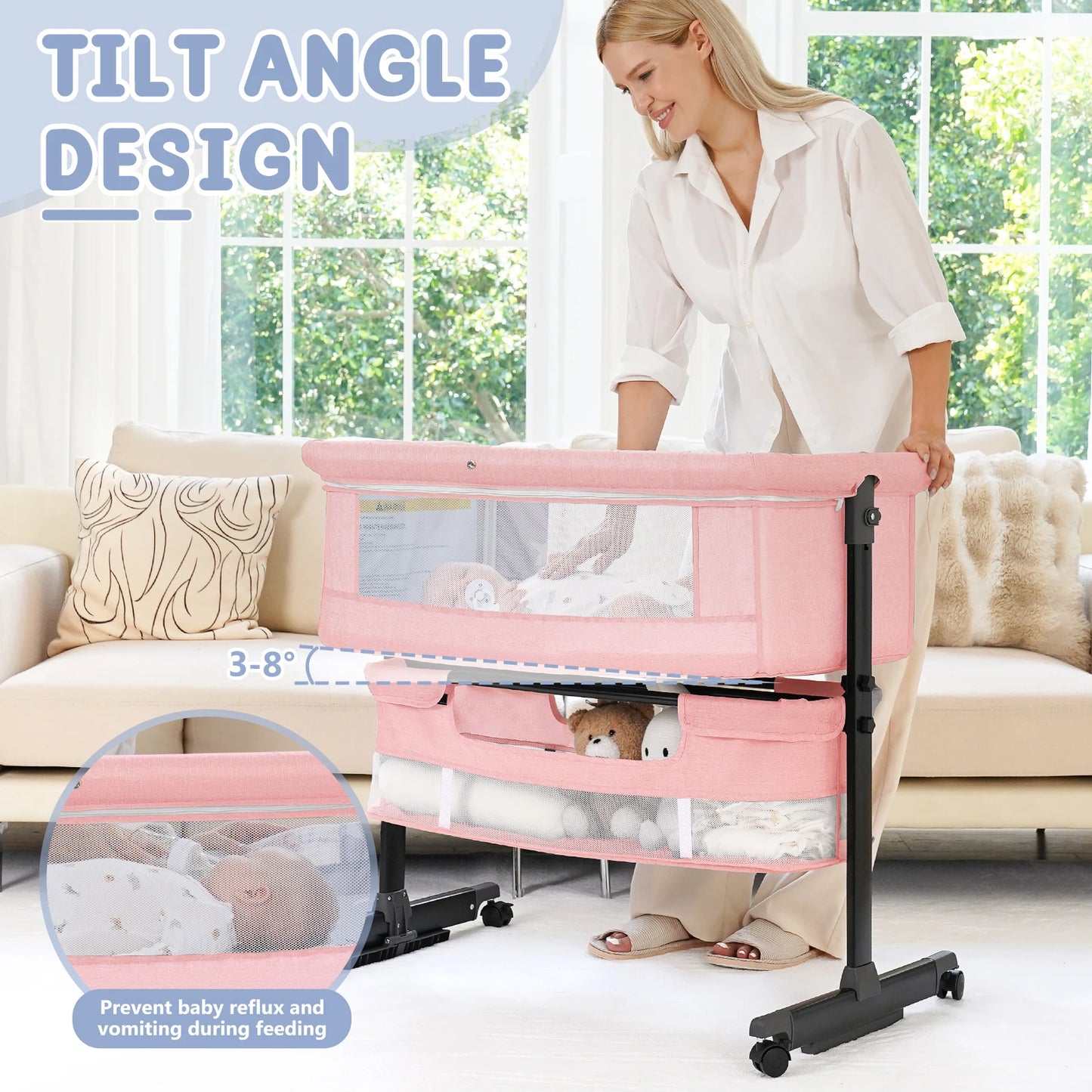 Foldable Portable Baby Bassinet Bedside Crib With Storage Basket