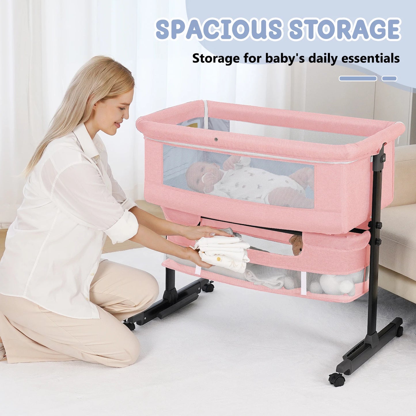 Foldable Portable Baby Bassinet Bedside Crib With Storage Basket