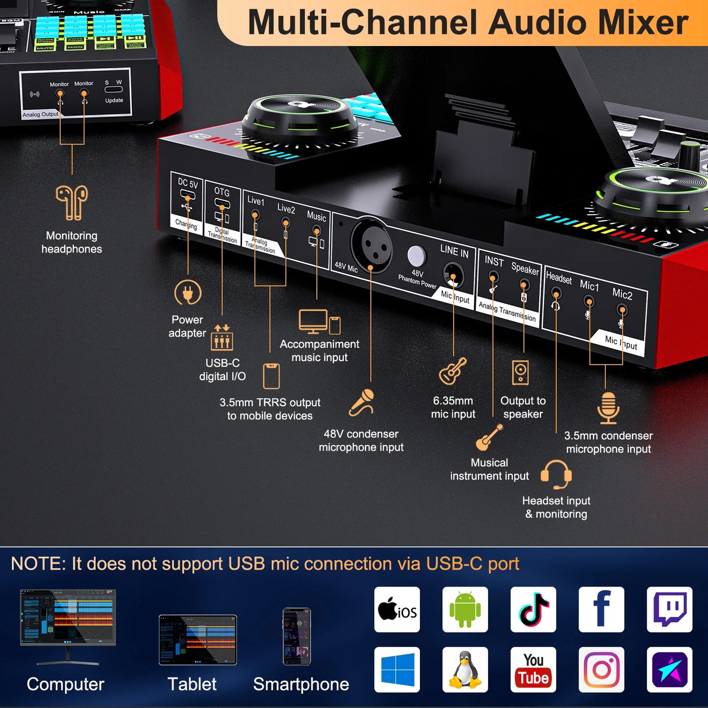 Tenlamp G10 PKPRO Podcast Mixer 6 Channel XLR Interface