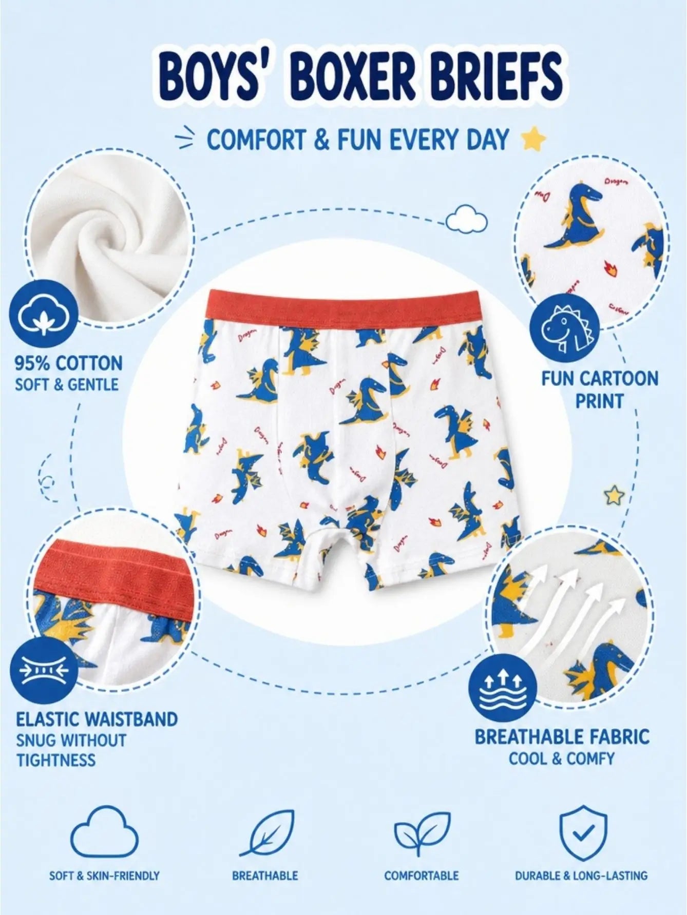 Kids Cotton Boxer Briefs 12 Pack Dino Print Undies