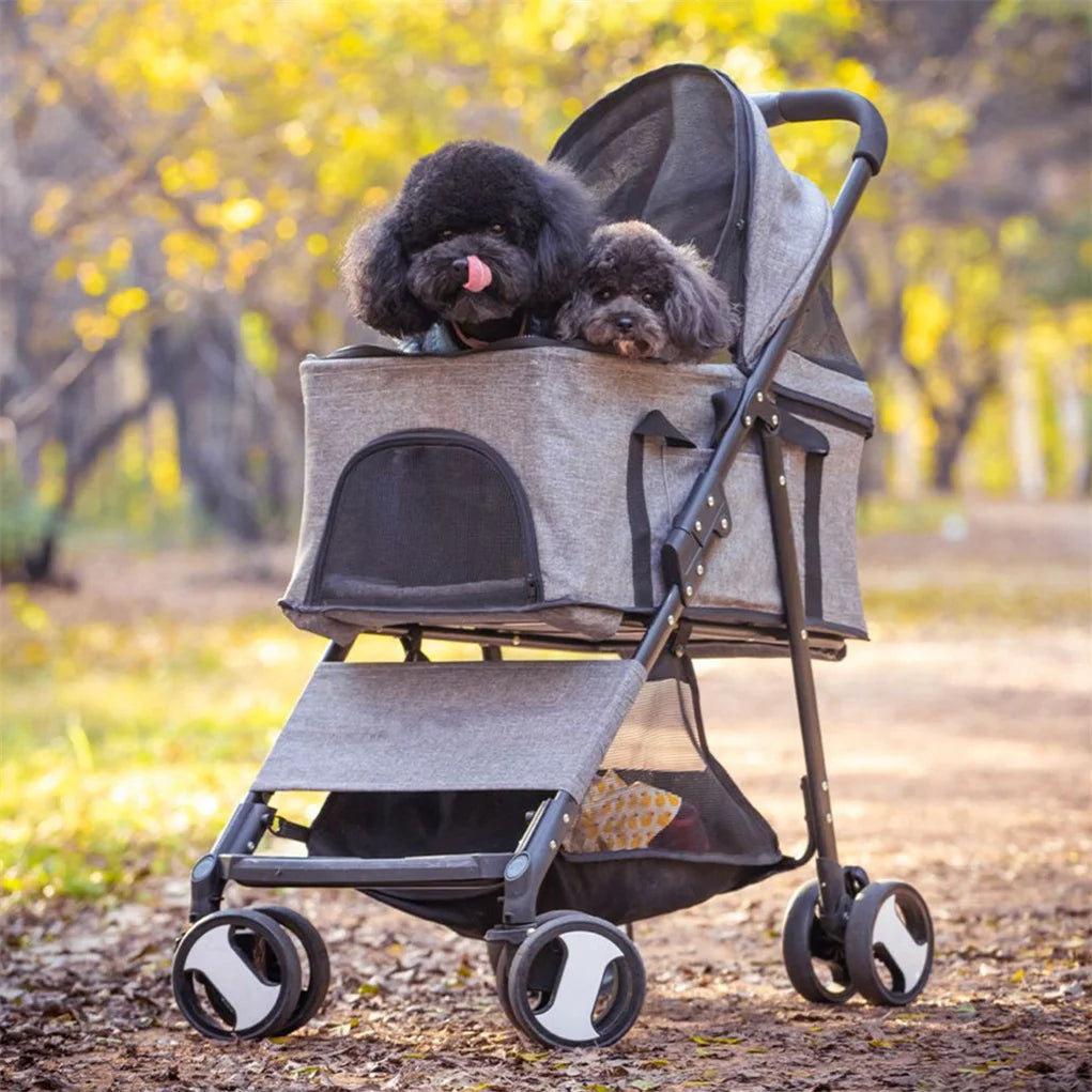 Foldable Pet Dog Stroller With Storage Basket And Four Wheels