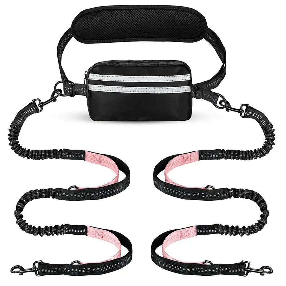 Hands Free Dual Dog Leash Set With Detachable Waist Bag