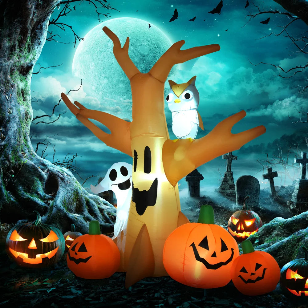 Lighted Halloween Inflatable Haunted Tree With Owl And Pumpkins