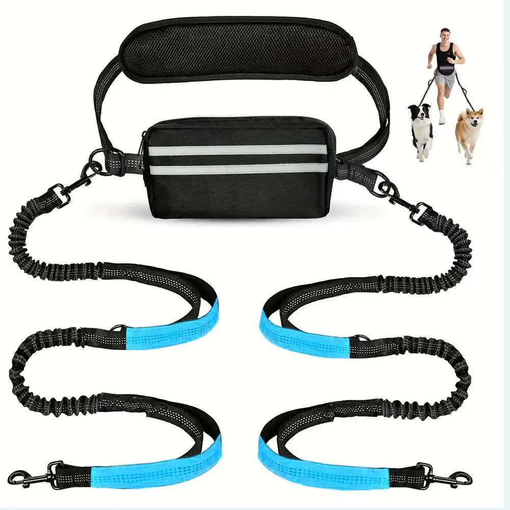 Hands Free Dual Dog Leash Set With Detachable Waist Bag