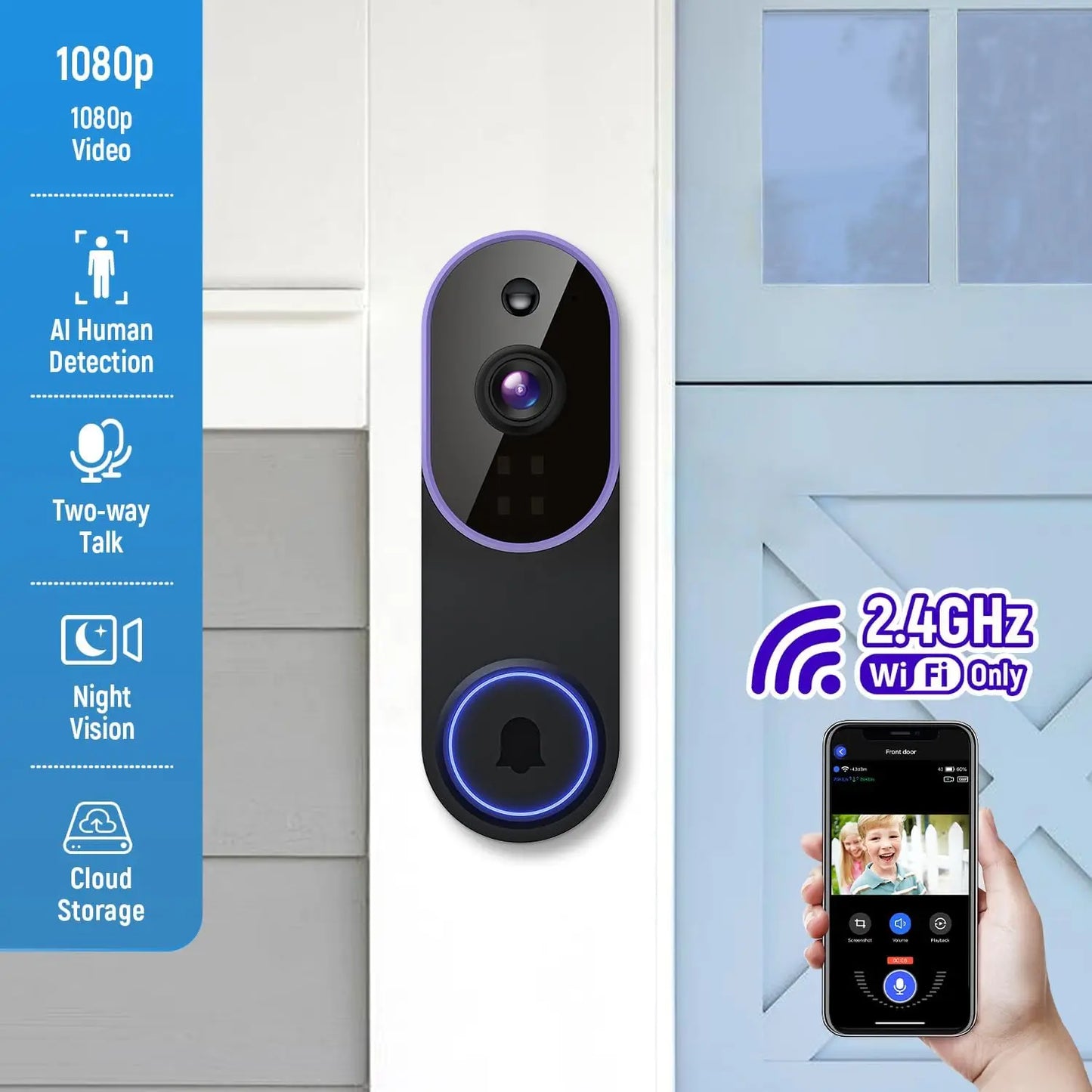 Smart Wireless Video Doorbell Camera AI Human Detection Night Vision