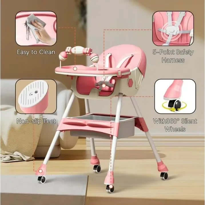Foldable Baby High Chair 4 In 1 With Durable Toyrack