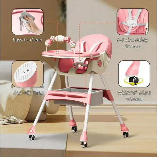 Foldable Baby High Chair 4 In 1 With Durable Toyrack
