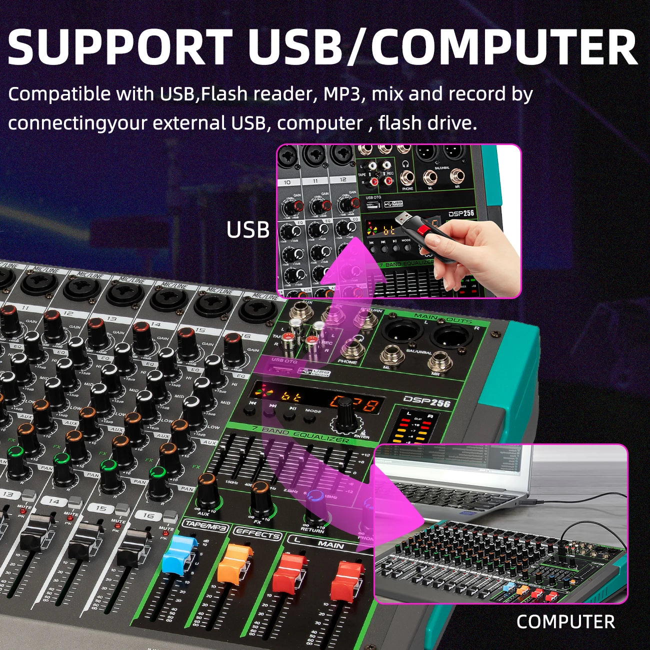 Depusheng 6 Channel Audio Mixer USB 48V Phantom Power