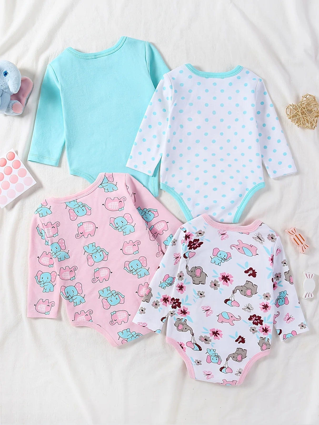 Baby Girl Long Sleeve Bodysuits Set With Elephant Print