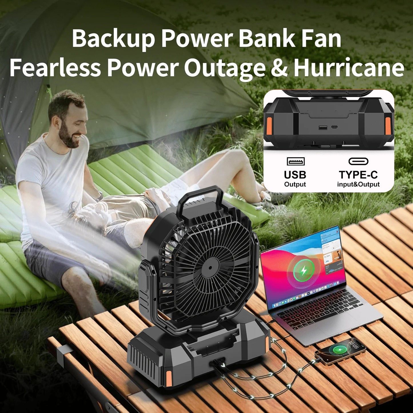Portable Camping Fan 40000mAh With Remote LED Light Tent Hook