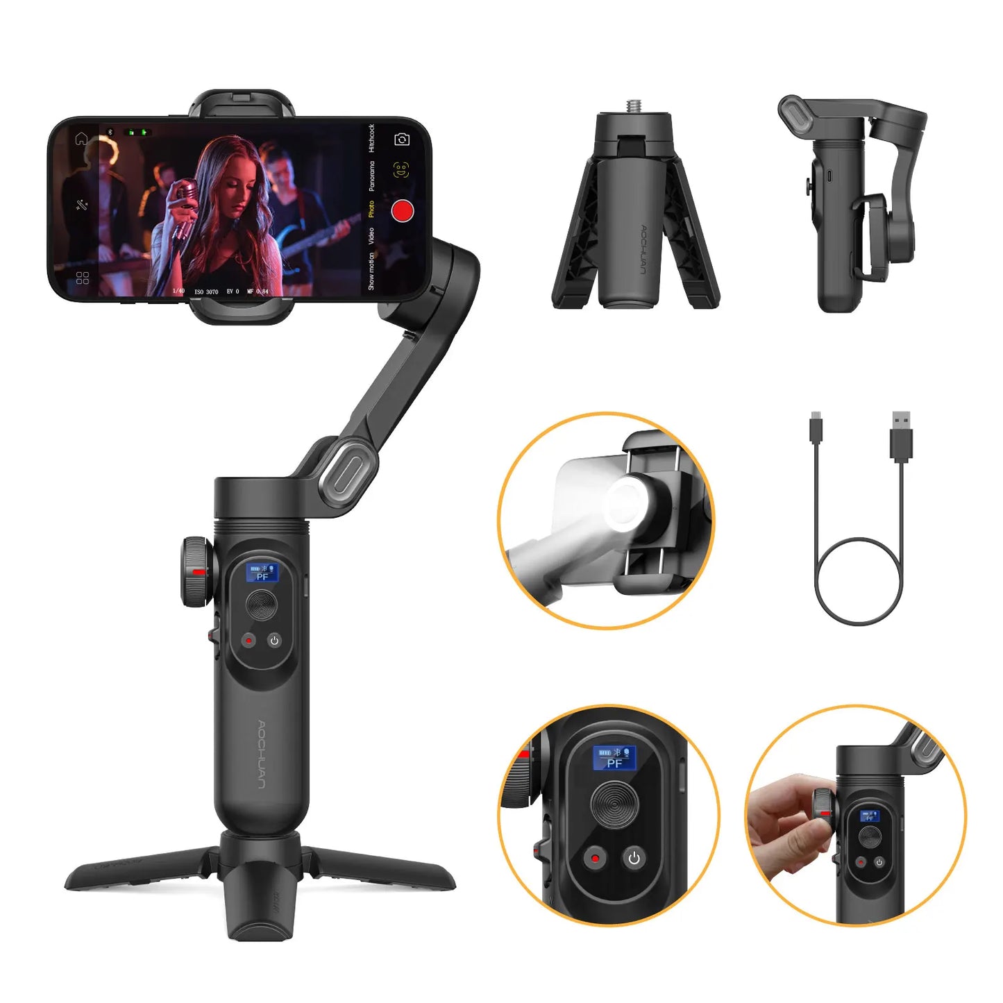 AOCHUAN X Pro 3Axis Smartphone Gimbal With RGB Fill Light