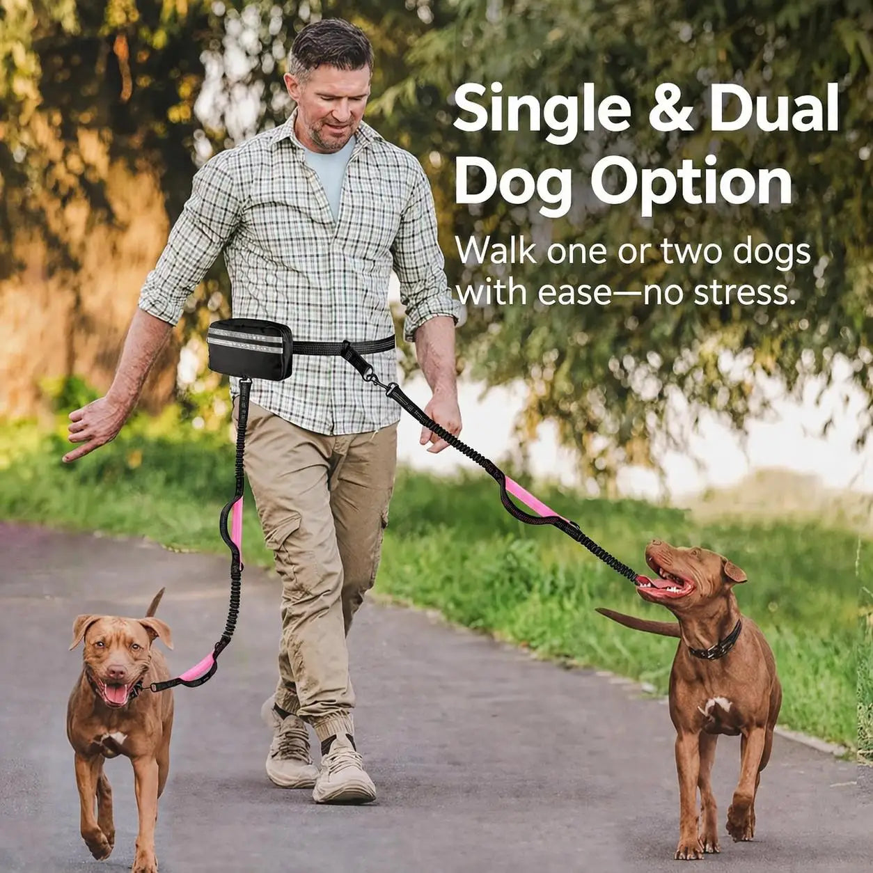 Hands Free Dual Dog Leash Set With Detachable Waist Bag