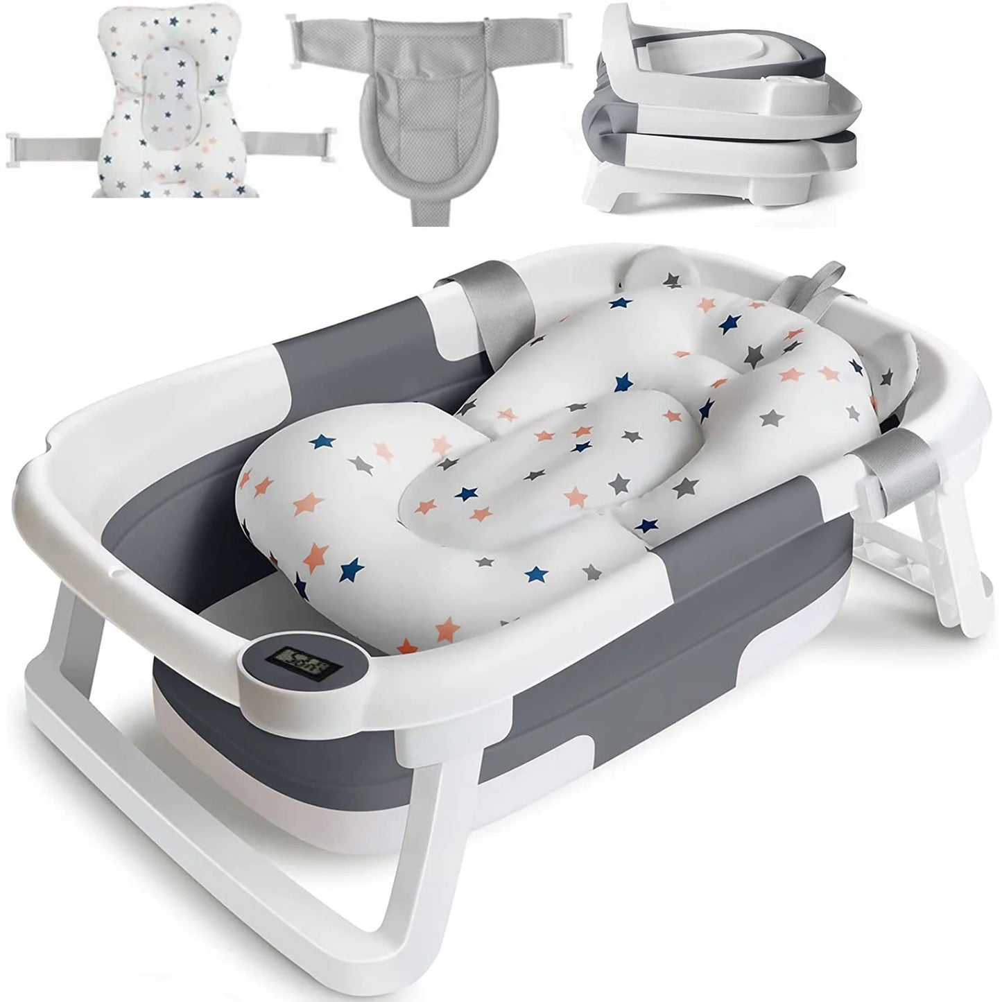 Baby Bathtub With Bath Cushion Foldable Tub Thermometer Shower Cap