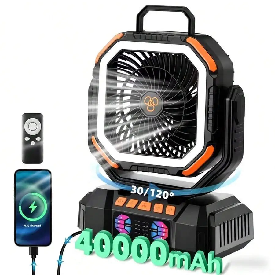 Portable Camping Fan 40000mAh With Remote LED Light Tent Hook