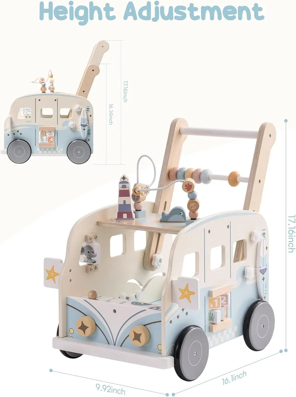Rolife Robud Wooden Baby Walker Push Along Activity Walker