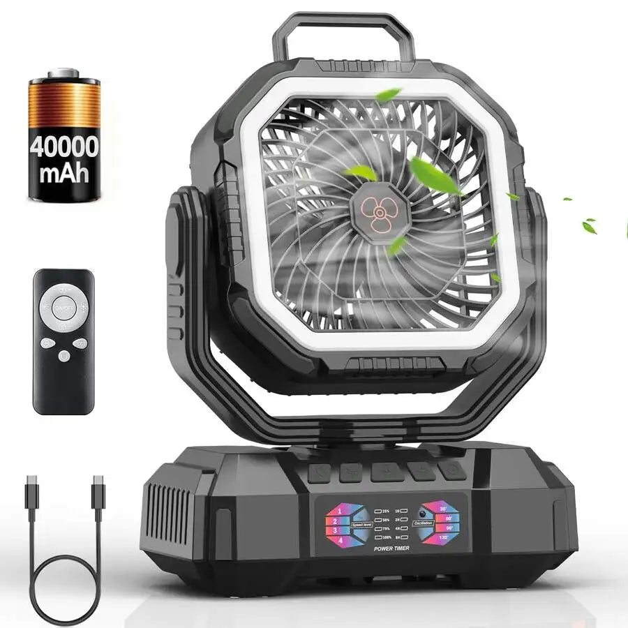 Portable Camping Fan 40000mAh With Remote LED Light Tent Hook