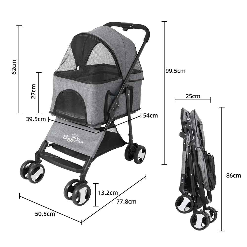 Foldable Pet Dog Stroller With Storage Basket And Four Wheels