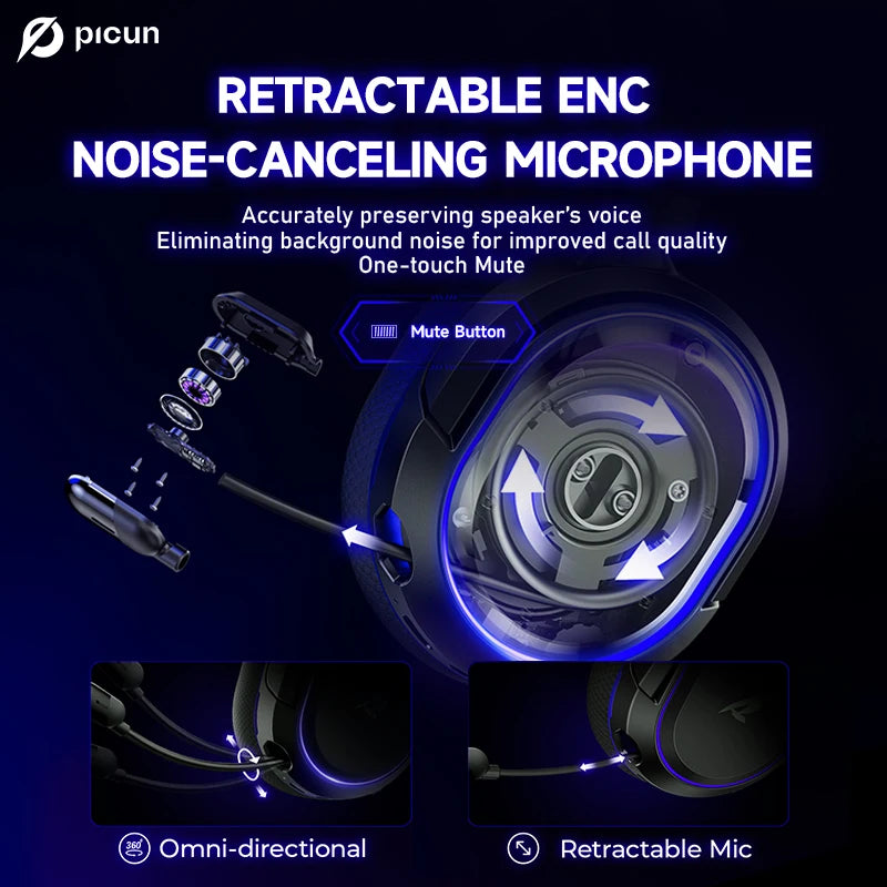 Picun G2 Wireless Gaming Headset Bluetooth 5.3 2.4G