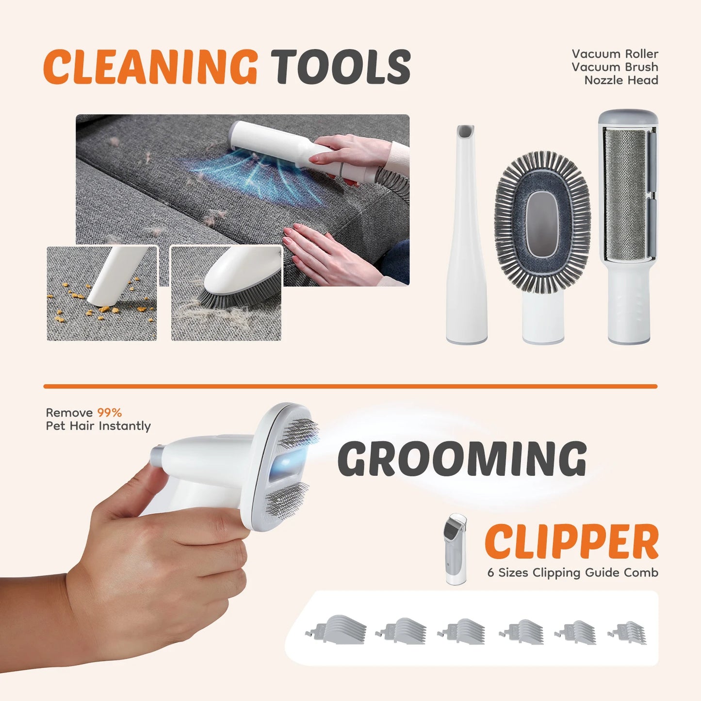 Pet Grooming Vacuum Kit With Cordless Low Noise Clippers and 3 Suction Modes