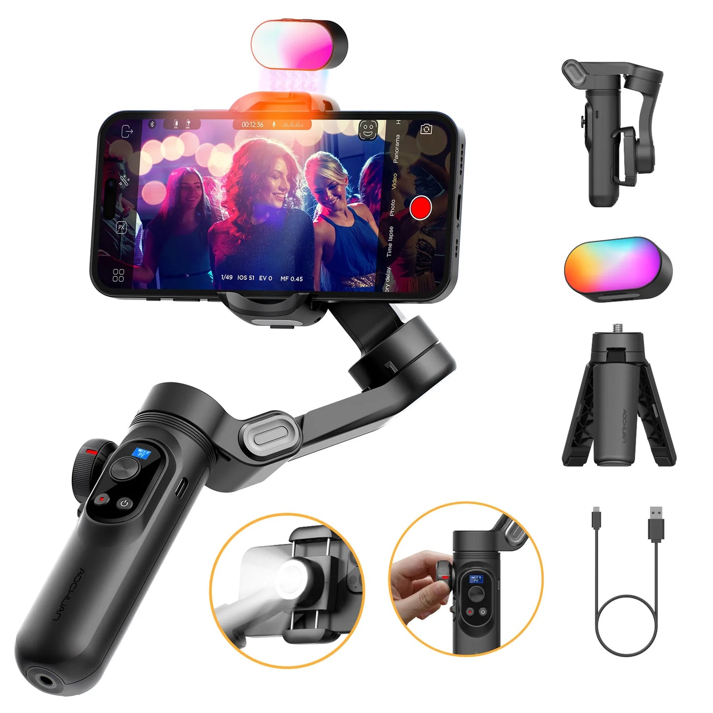 AOCHUAN X Pro 3Axis Smartphone Gimbal With RGB Fill Light