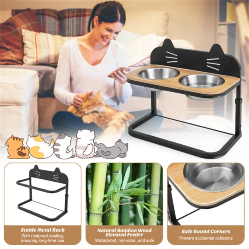 Pet Feeder With 2 Stainless Steel Bowls Adjustable Height