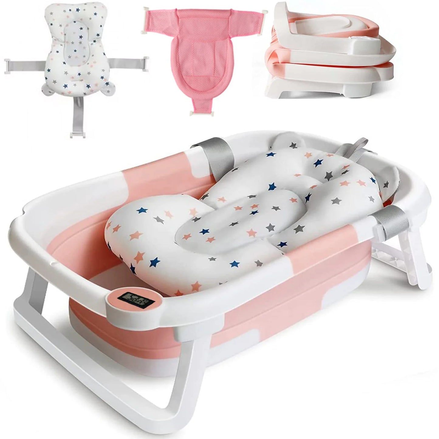 Foldable Baby Bath Tub With Cushion Thermometer Shower Cap