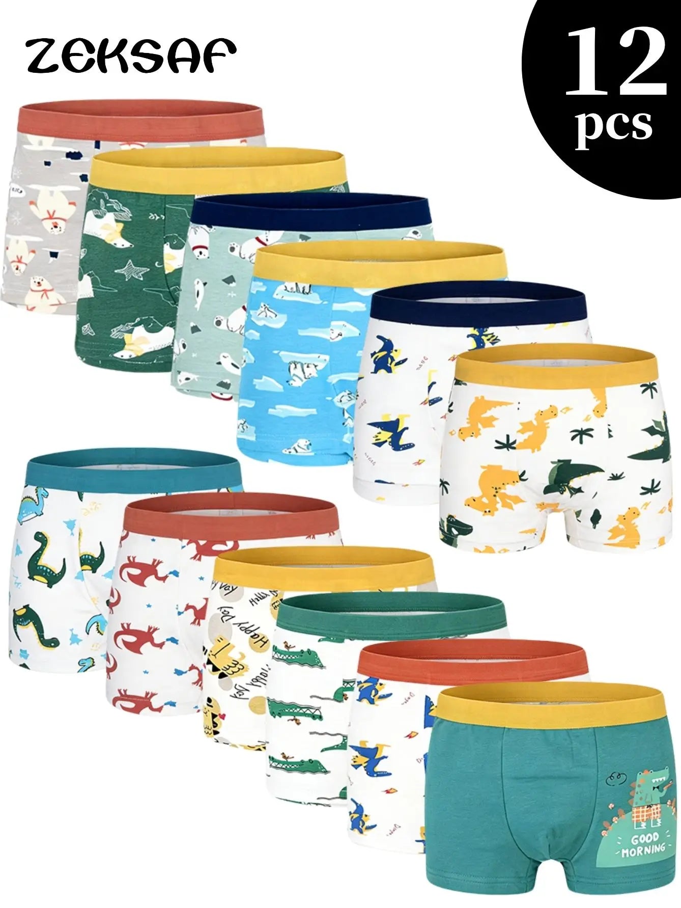 Kids Cotton Boxer Briefs 12 Pack Dino Print Undies