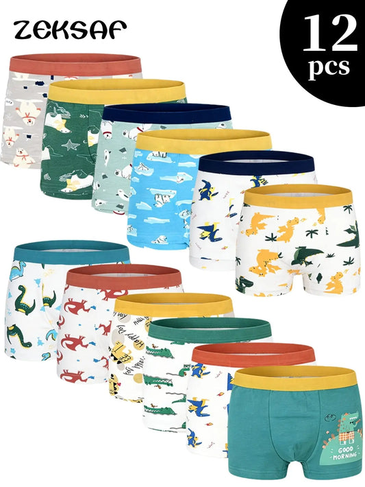 Kids Cotton Boxer Briefs 12 Pack Dino Print Undies