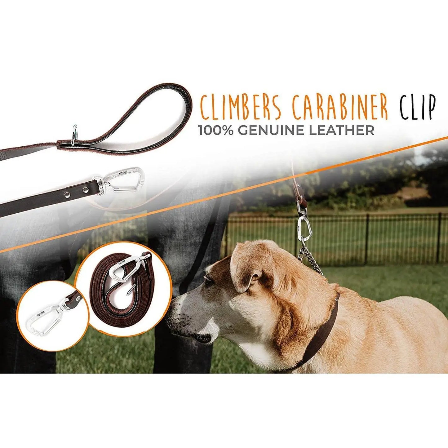 Genuine Leather Dog Leash With Padded Handle Carabiner