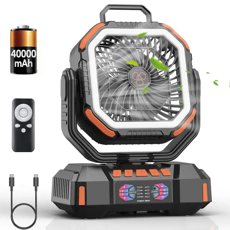 Portable Camping Fan 40000mAh With Remote LED Light Tent Hook