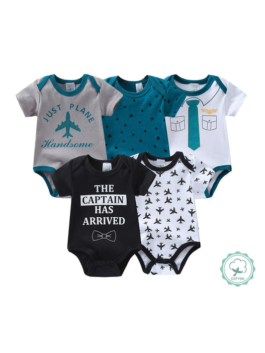 Baby Boy Five Piece Short Sleeve Triangle Rompers Set