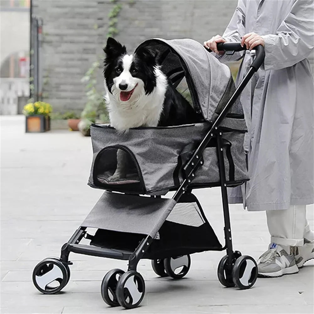 Foldable Pet Dog Stroller With Storage Basket And Four Wheels