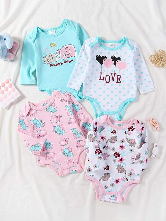 Baby Girl Long Sleeve Bodysuits Set With Elephant Print