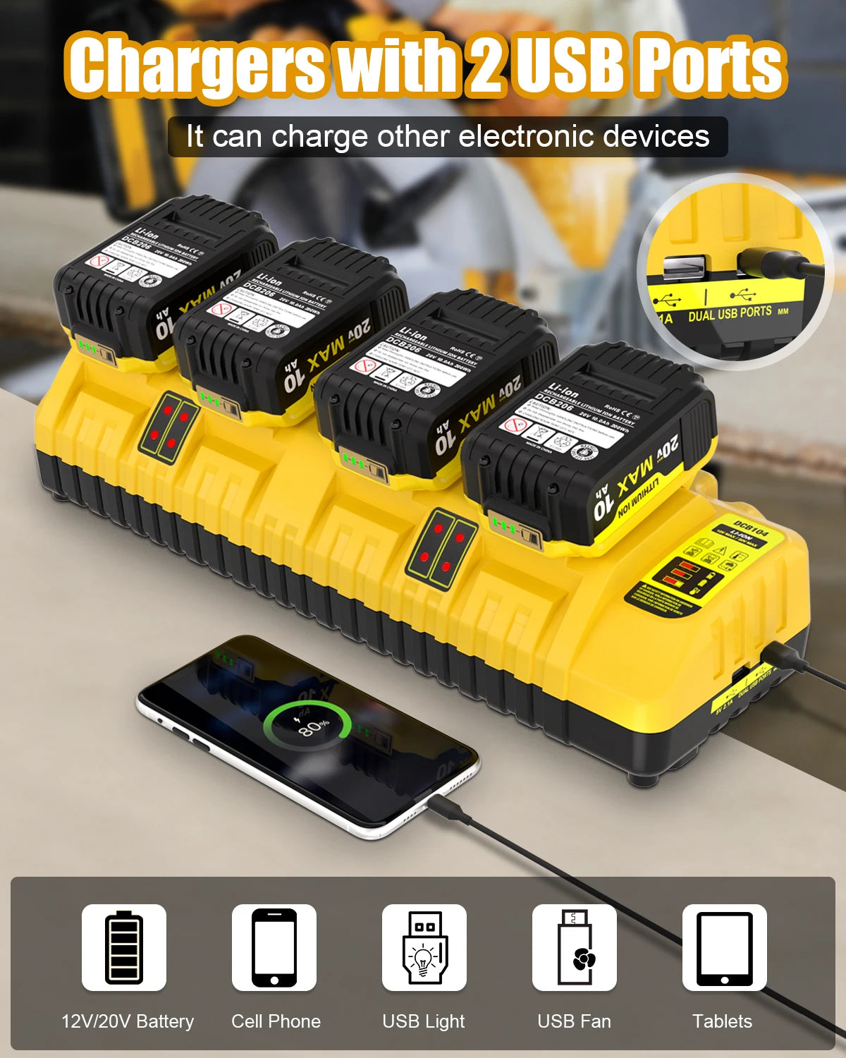 JYJZPB Dewalt DCB104 Replacement 4 Port Battery Charger Station