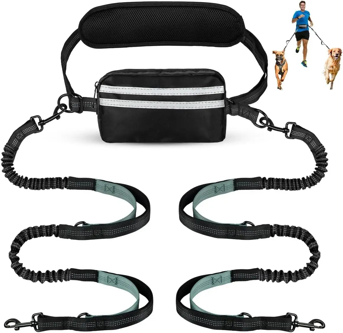 Hands Free Dual Dog Leash Set With Detachable Waist Bag