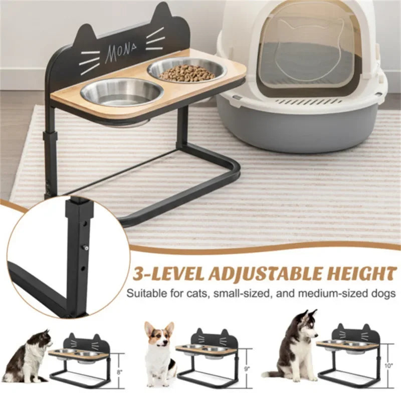 Pet Feeder With 2 Stainless Steel Bowls Adjustable Height