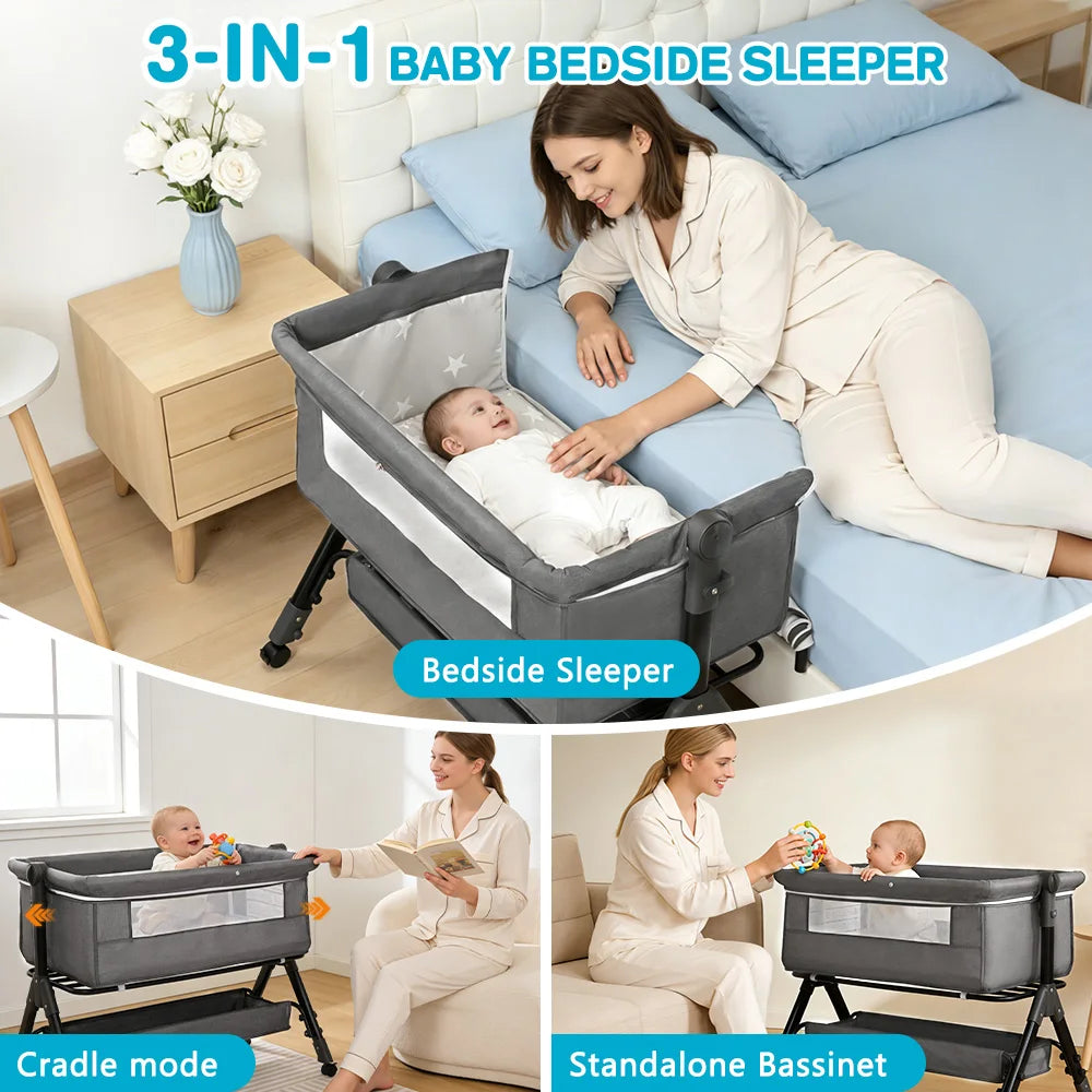 Baby Bassinet Bedside Sleeper Newborn Crib With 360 Mesh Window