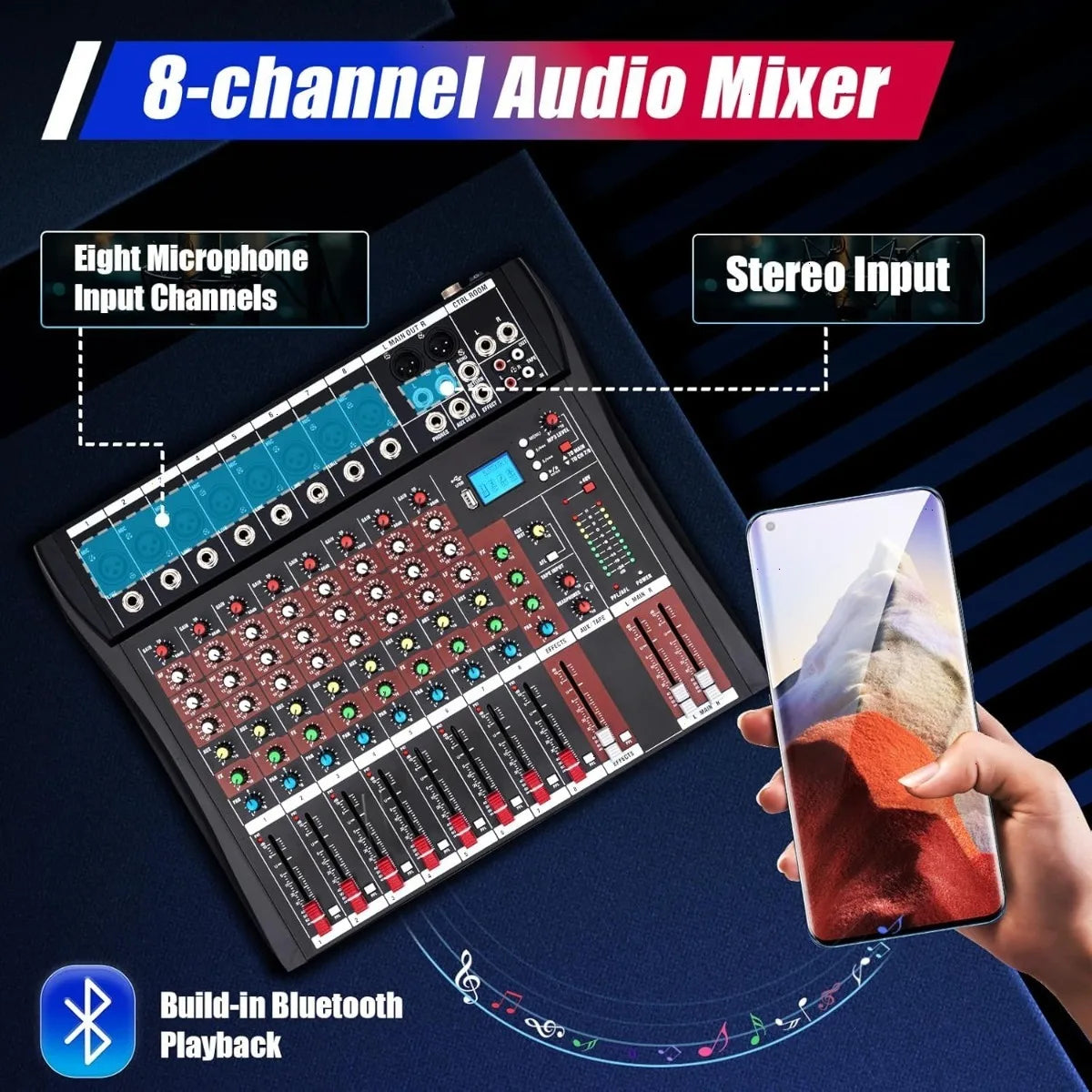 8 Channel Bluetooth USB Audio Mixer GDAE10 Live Studio Console