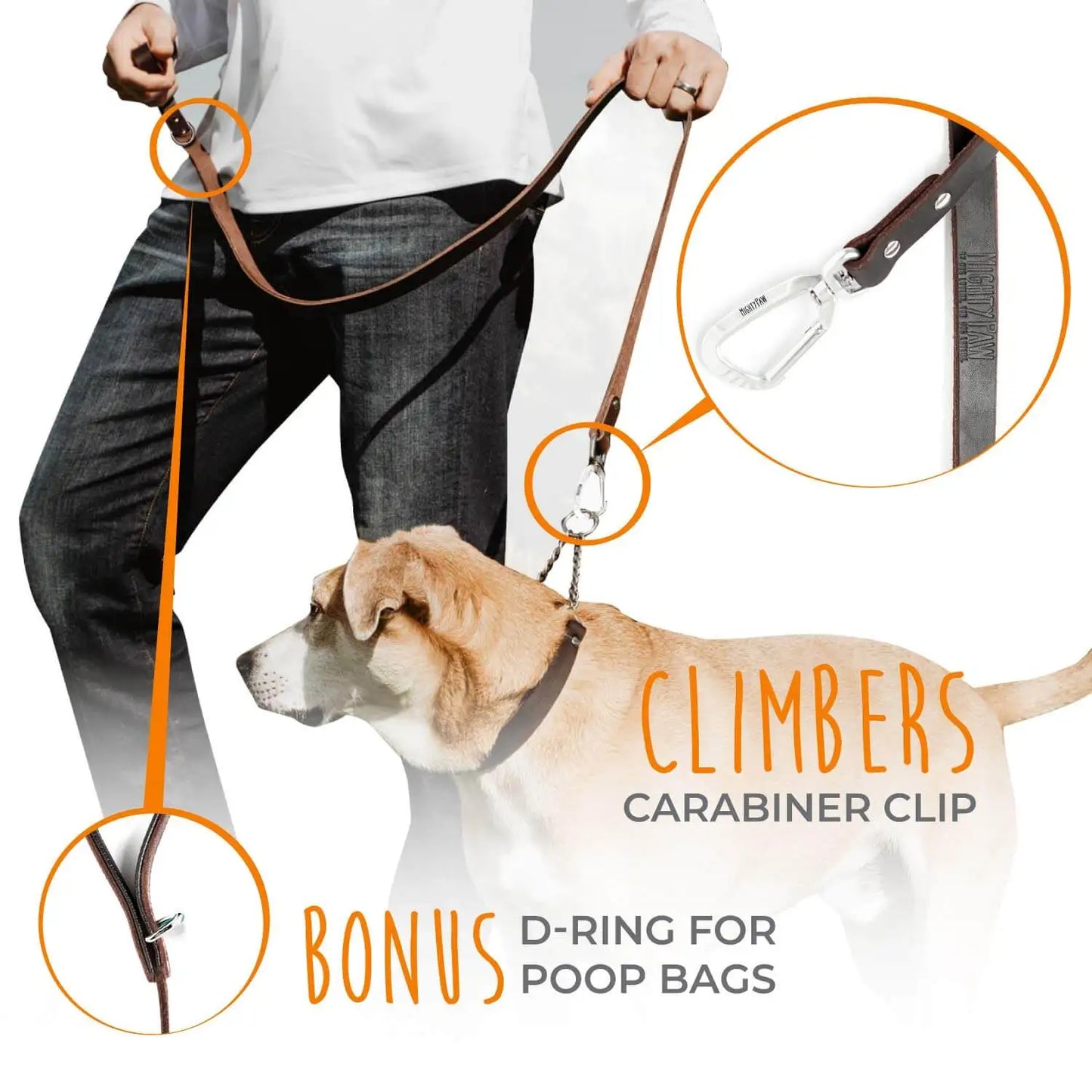 Genuine Leather Dog Leash With Padded Handle Carabiner