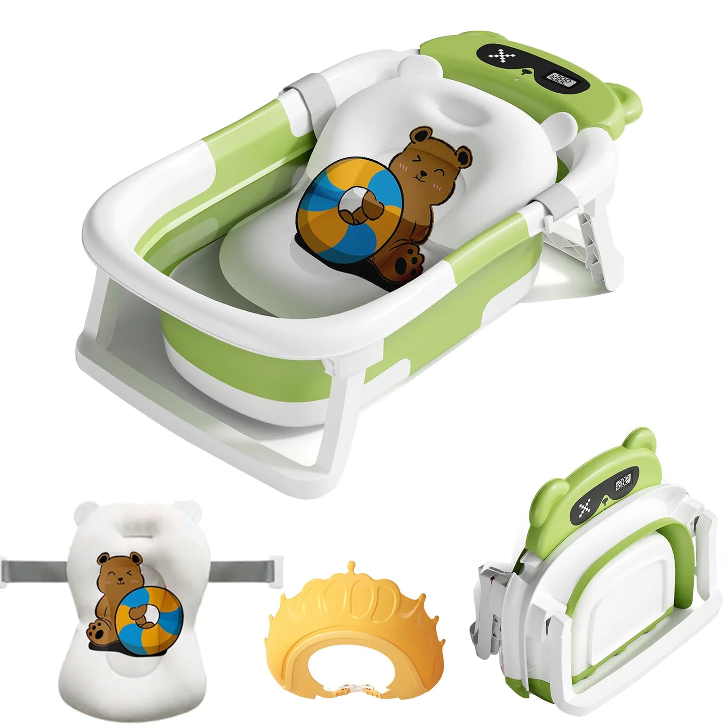Foldable Baby Bath Tub With Cushion Thermometer Shower Cap