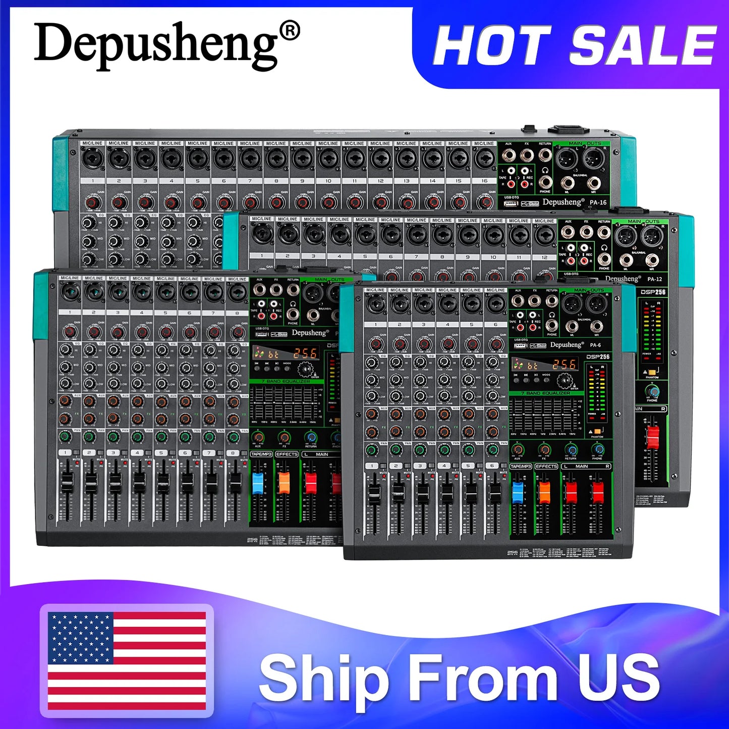 Depusheng 6 Channel Audio Mixer USB 48V Phantom Power