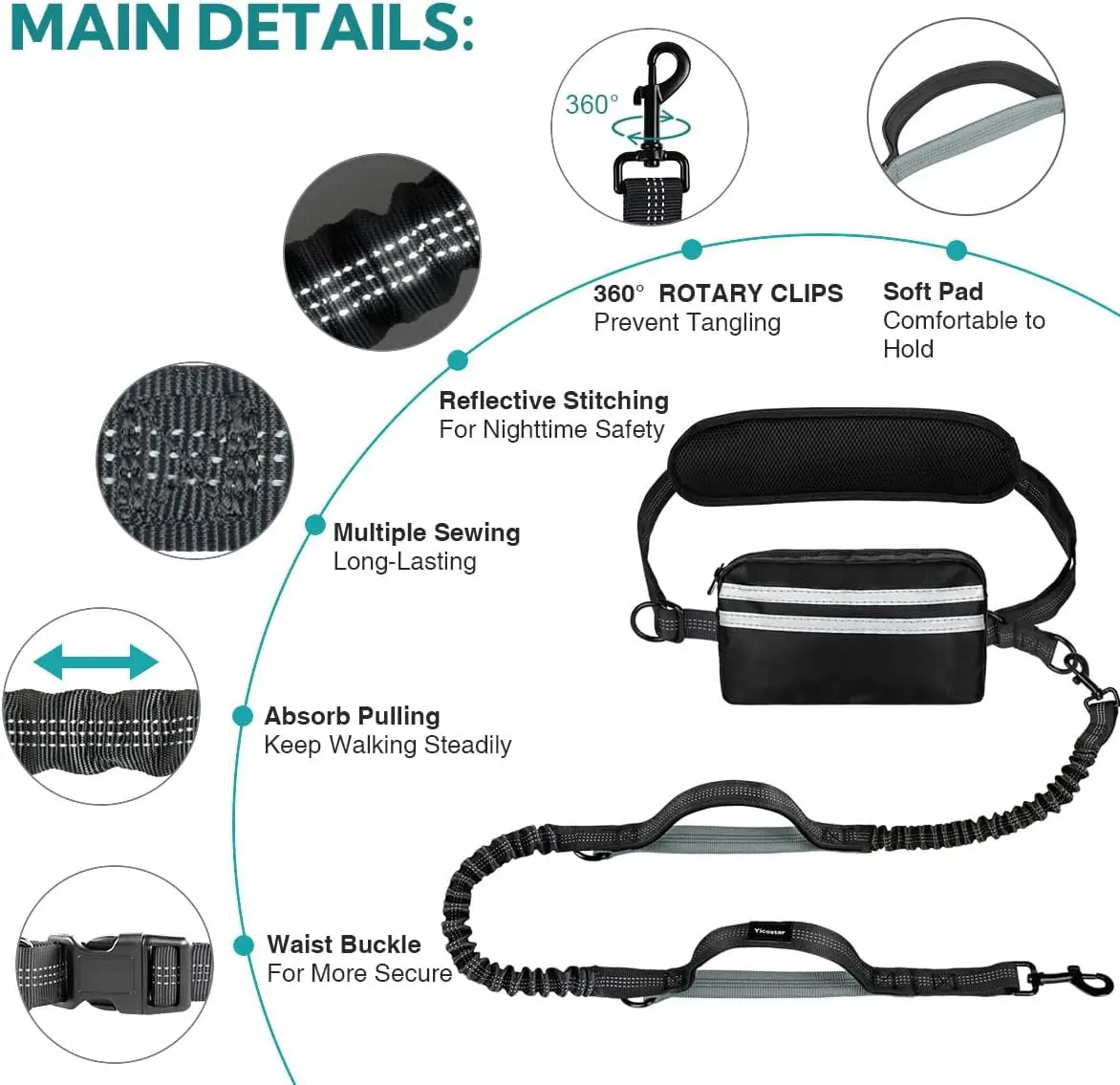 Hands Free Dual Dog Leash Set With Detachable Waist Bag