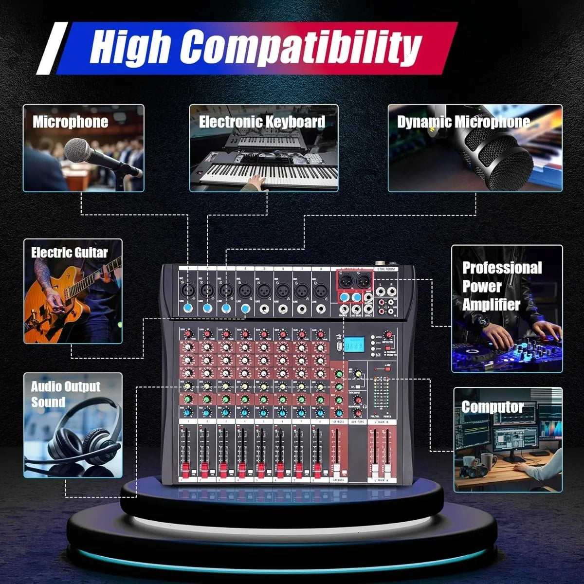 8 Channel Bluetooth USB Audio Mixer GDAE10 Live Studio Console