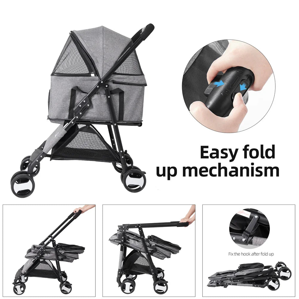 Foldable Pet Dog Stroller With Storage Basket And Four Wheels