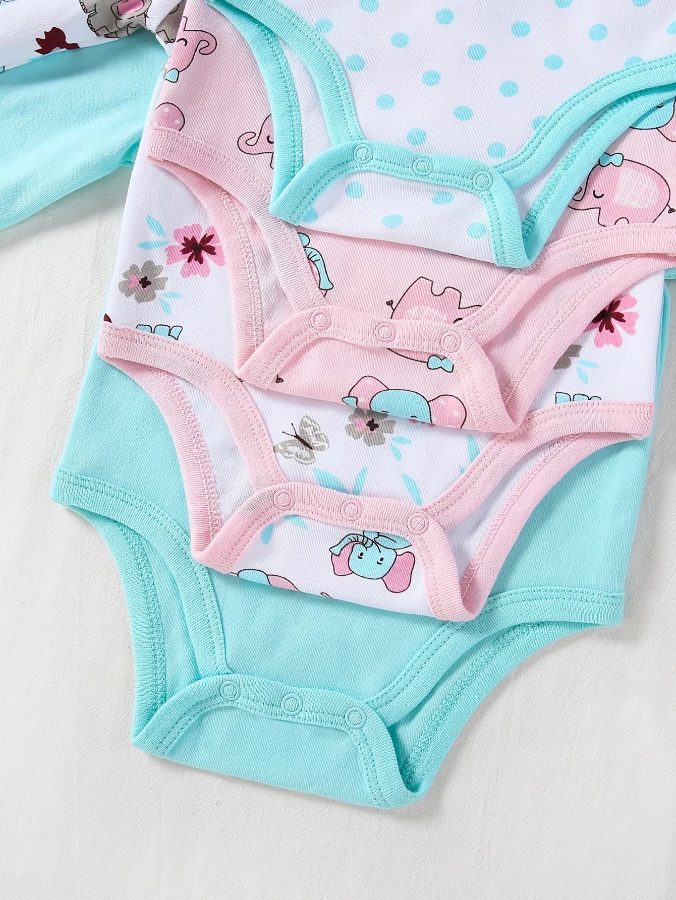 Baby Girl Long Sleeve Bodysuits Set With Elephant Print